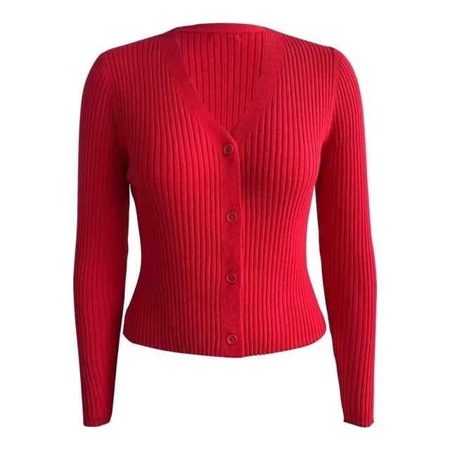 Suéter George para Mujer, con Botones al Frente Tela Rib Cardigan Rojo Talla G