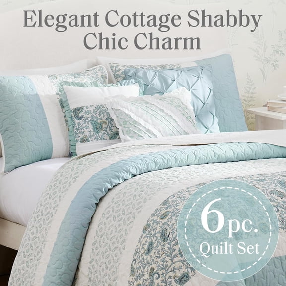 Floral Print Cotton Quilt Set Full Queen Light Teal Shabby Chic Bedding