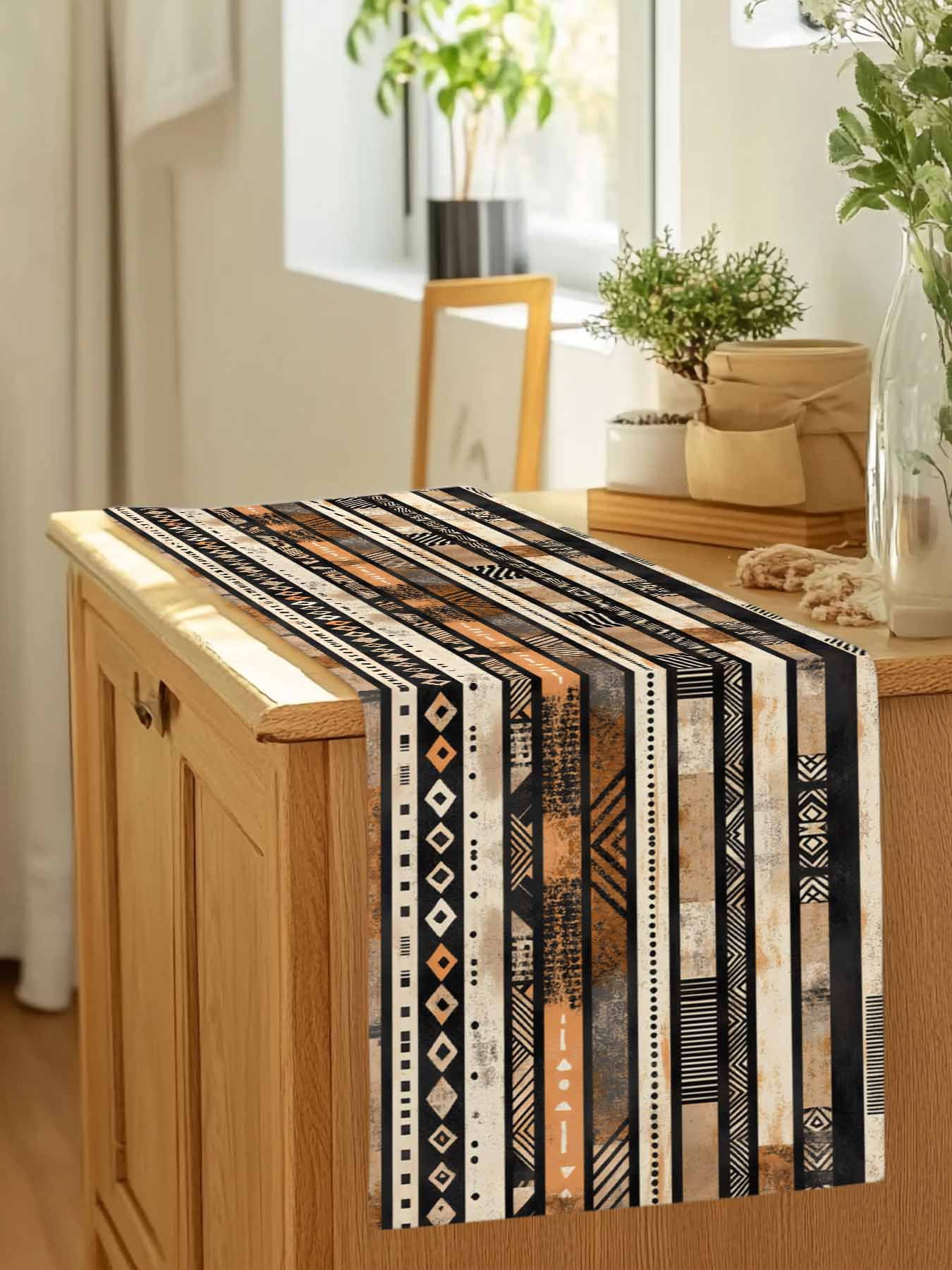 Abstract Ethnic Geometric Stripes Table Runner 90 Inches Long, Boho Tribal Totem Lines Table Runners Tabletop Scarf Kitchen Dining Tables Decoration for Home Party Indoor Outdoor