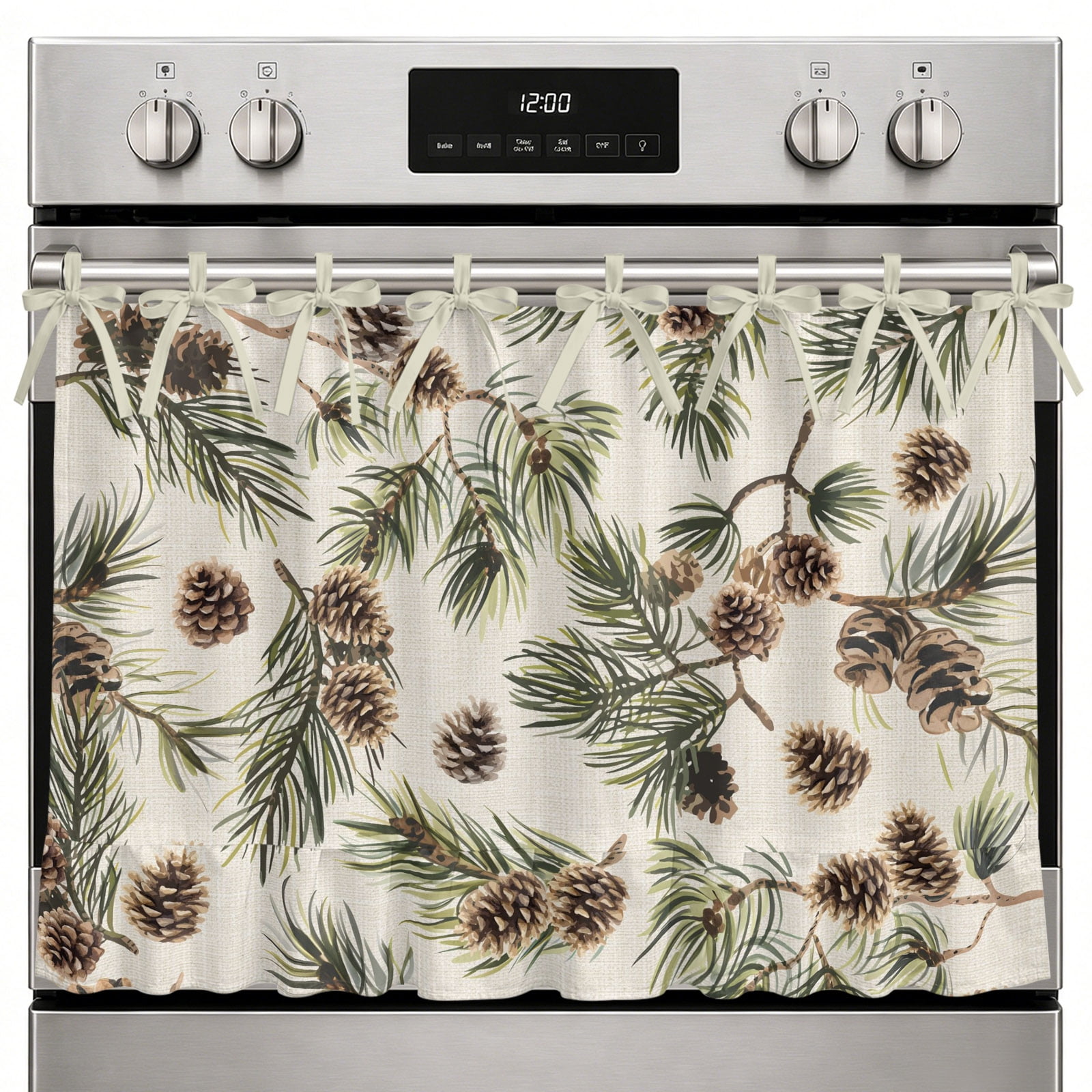 Oven Skirt Curtain for Kitchen Decor 24x32 Inch Sage Green Christmas Tie Top Oven Curtain with Ruffle Trim Stove Cover Skirt for Dishwasher Cabinet Over Sink Rustic Pine Cones Xmas Botanical