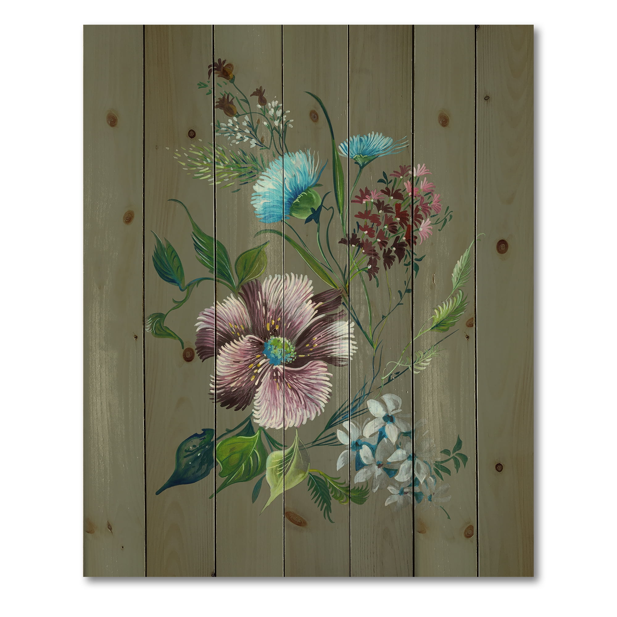 Designart 'Turquoise and Purple Spring Flowers' Traditional Print on Natural Pine Wood