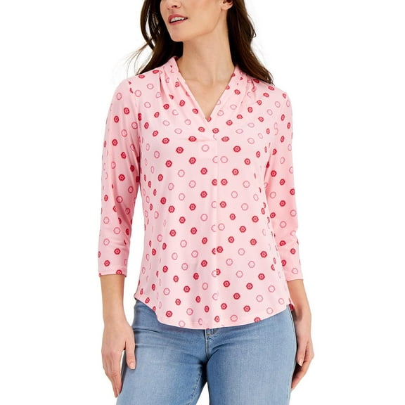 Charter Club Pleated Neck 3/4 Sleeve Top Orchid Pink Combo L