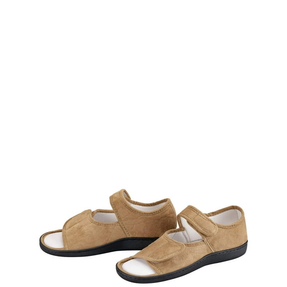 Adjustable Memory Foam Slippers, Hook and Loop Adjustable Closure, Rubber Outsoles – Beige, Medium