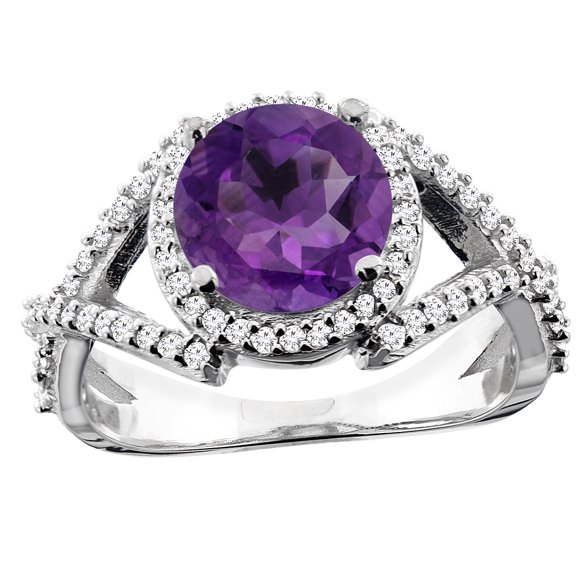 14K White Gold Natural Amethyst Ring Round 8mm Diamond Accent, size 9