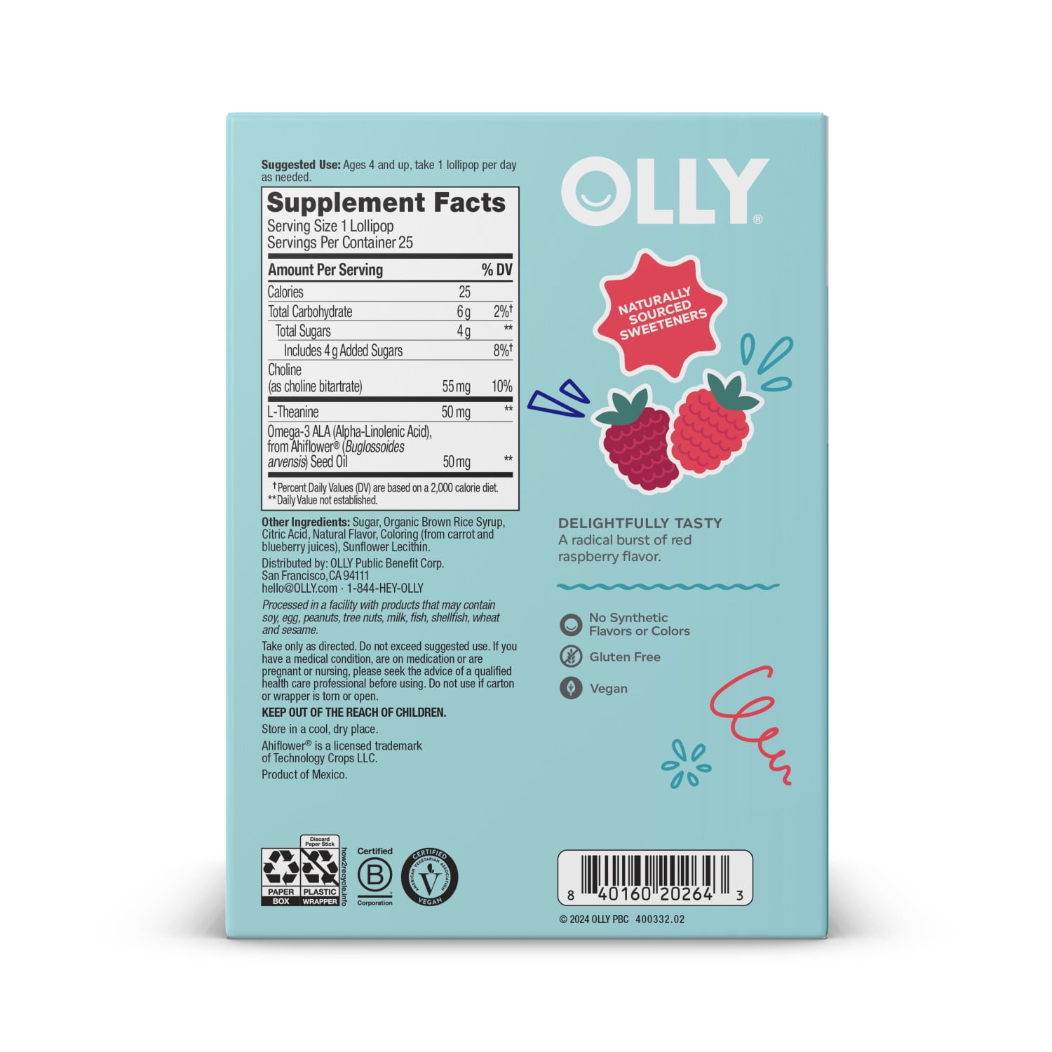 Olly Mellow Buddies Brainy L’OLLY Pops, Kids 4+, L-theanine, Choline, Omega-3, Raspberry Flavored Lollipops, 25 Ct