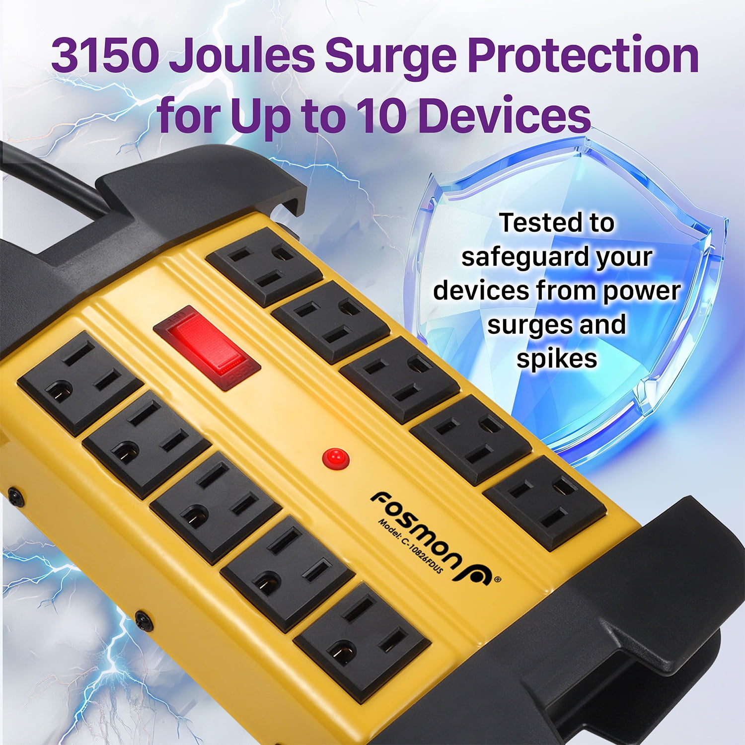 Fosmon 10-Outlet Extender Surge Protector Power Strip, 15ft Heavy Duty Extension Cord, 3150J Indoor Outdoor Surge Protector Extension Cord -ETL Listed
