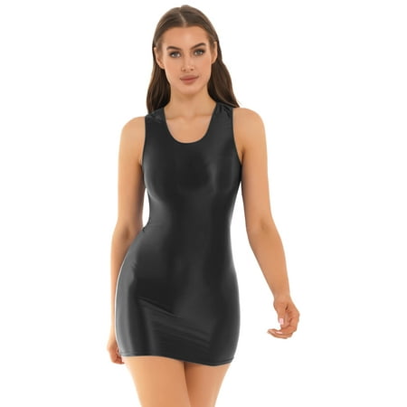Haitryli Womens Glossy Sleeveless Tank Dresses Bodycon Tops Babydoll Lingerie Nightdress Black L