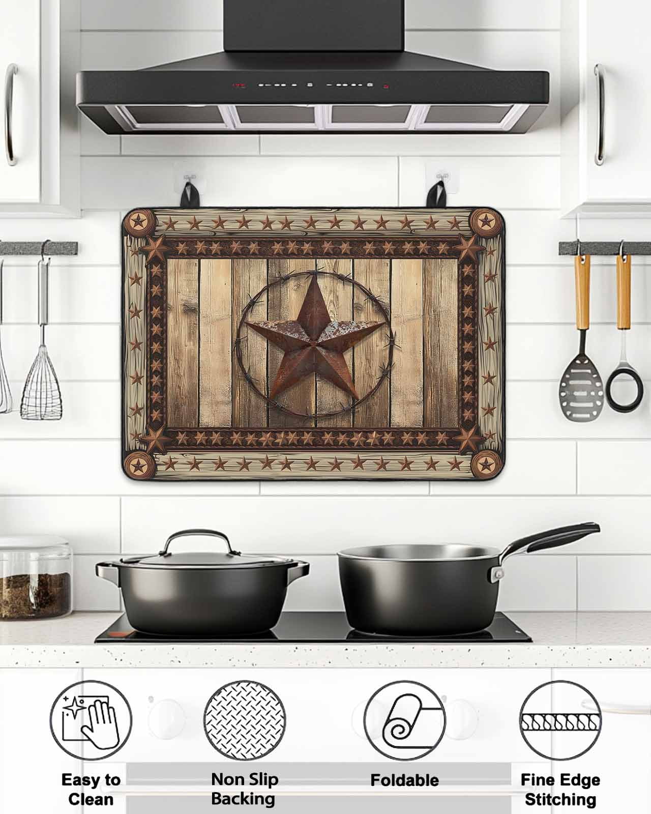 Stove Top Covers for Electric Stove, Western Farmhouse Glass Stovetop Cover Protector, Primitive Rustic Country Retro Texas Star Induction Cooktop Protector Oven Mat for Kitchen Countertop 24"x21"