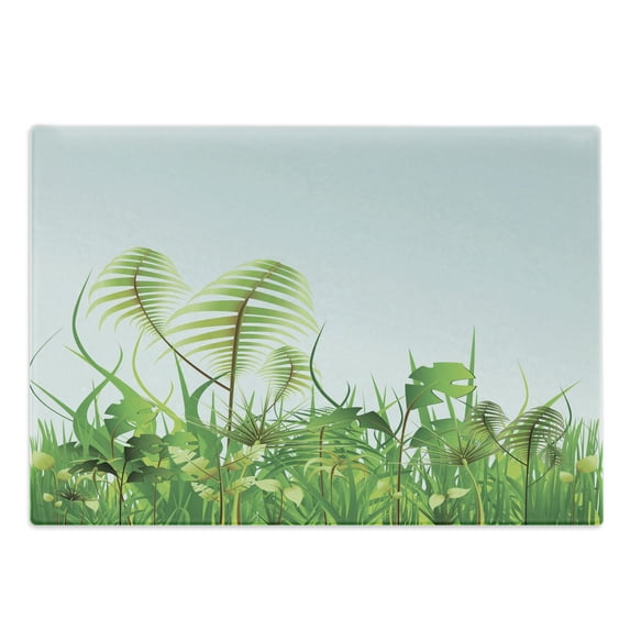 Rainforest Cutting Board, Graphic Plant Landscape at Summertime Natural Grassland Garden Field Theme Print, Decorative Tempered Glass Cutting and Serving Board, Large Size, Green Blue, by Ambesonne