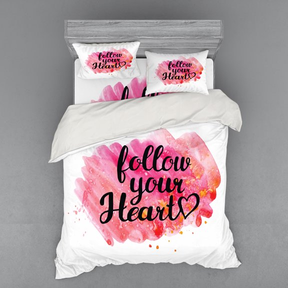 Saying Duvet Cover Set, Typography Phrase Follow Your Heart on Watercolor Effect Background, Bedding Set with Shams and Fitted Sheet, 3 Sizes, by Ambesonne