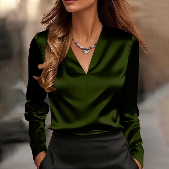 Babysbule Women's Satin V Neck Long Sleeve Blouse, Elegant Draped Front Casual Top for Office Party & Daily Wear