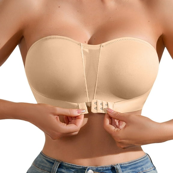 ZJXFGS Strapless Bras For Women Push Up Comfortable Top BraletteFront Closure Non-Slip Padded Bandeau Bras Seamless Wireless Strapless Bra Beige L