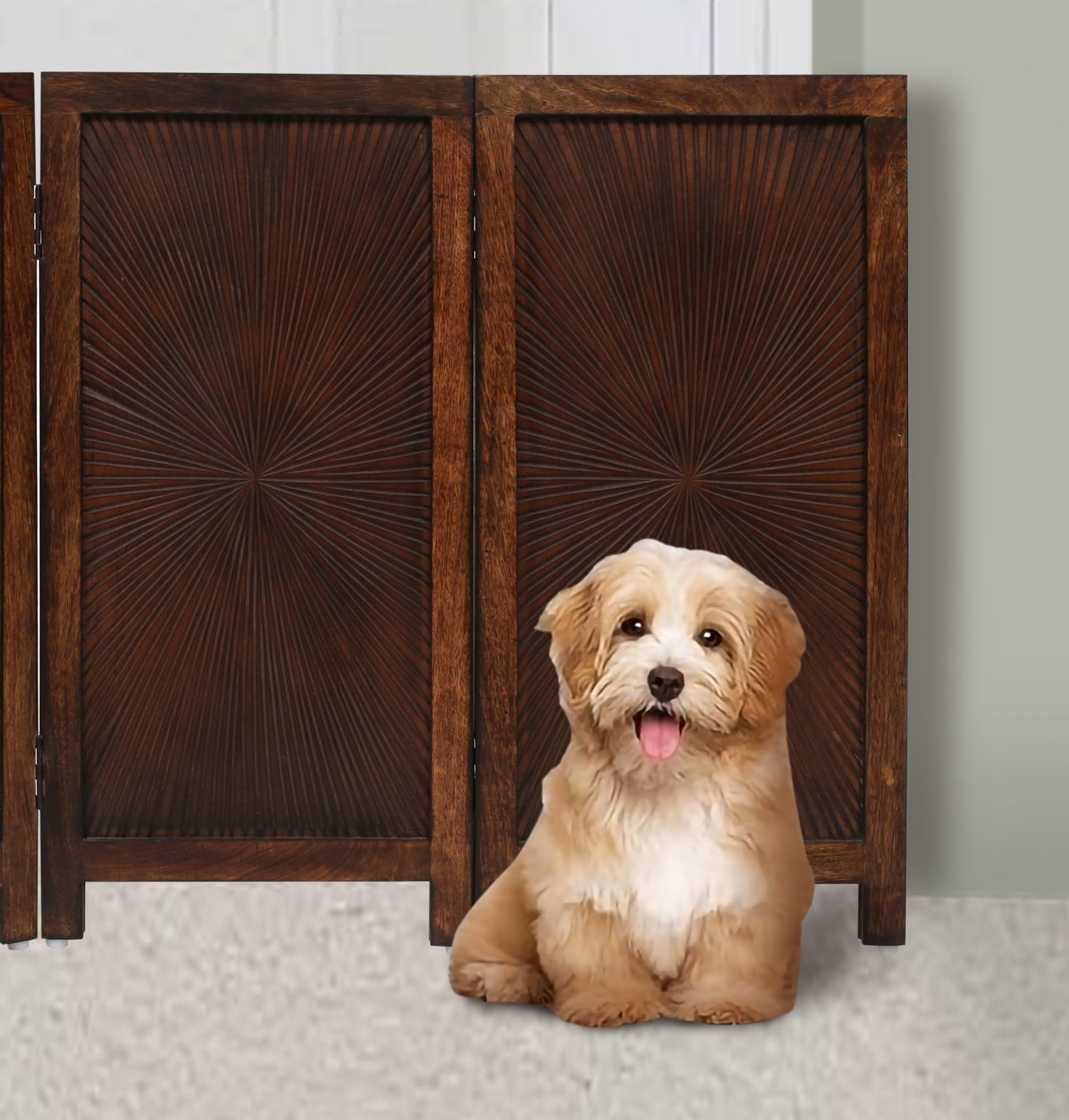 The Wooden Town Foldable Indoor Pet Gate , Free-Standing 4-Panel Dog Barrier, 56" W x 28" H, Burnt Finish, Hand-Carved Solid Wood & MDF