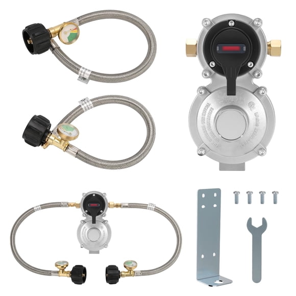 Roastove Régulateur de Propane pour VR à Deux Réservoirs, Régulateur LP à Commutation Automatique à 2 Étapes avec 2 Pcs Tuyau en Tringles Tressées de 15 Pouces en Acier Inoxydable pour VR