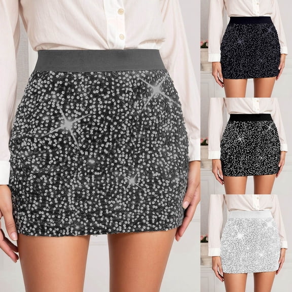 Hpapadks Womens Skirts Sparkly Sequin Mini Skirt with Wide Elastic Waistband for Summer Fall Party Black L