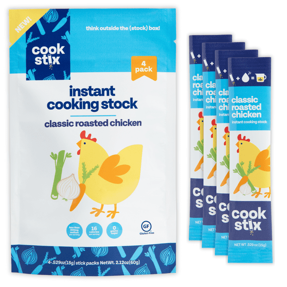 Cookstix Classic Roasted Chicken Stock Powder Sticks, Makes 3 Cups of Chicken Broth & 12g of Protein per Stick, Clean-Label Alternative to Bouillon Powder, Lower Sodium, No Additives, 4 Sticks