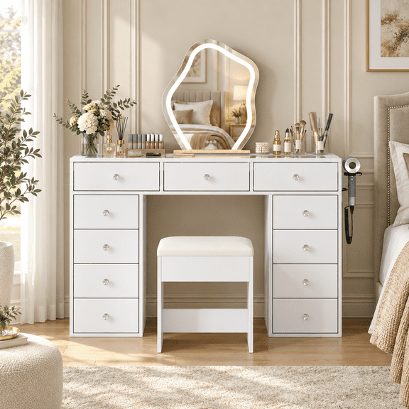 Vanity Desk Without Mirror, Makeup Vanity with 11 Drawers and Charging Station, White Vanity with Storage for Bedroom, Home Office Computer Desk for Bedroom
