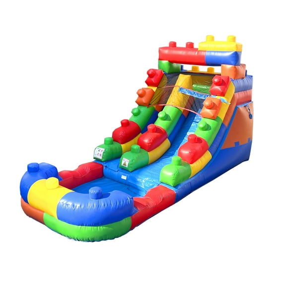 Pogo Bounce House Crossover Kids Inflatable Water Slide, Building Block, 12 ft, No Blower