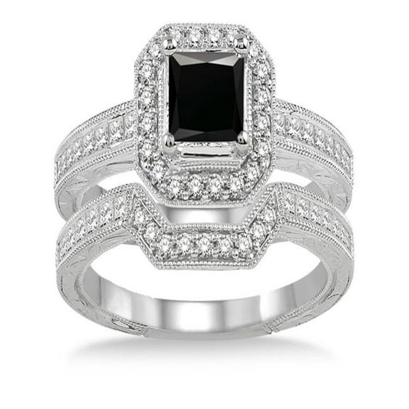 2 Carat Black Diamond Antique Halo Bridal set on 10k White Gold