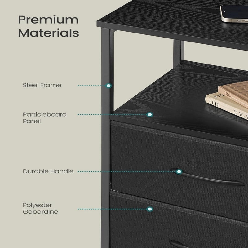 Kelno Nightstand with Charging Station Variable LED Strip End Table with 4 Fabric Drawers USB TypeC Outlets,Black