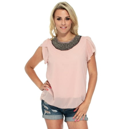 Ruffle Collar Blouse - Quality Embellished Bead Collar Ruffle Shoulder Tops T-Shirts Blouse 2P