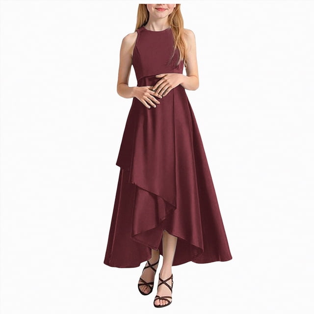 NIEWTR Robes pour Filles Coupe Classique Évasée Sans Manches Robe d'Été Douce et Confortable Tenue de Pique-Nique (Rouge Brique, 10-12 Ans)