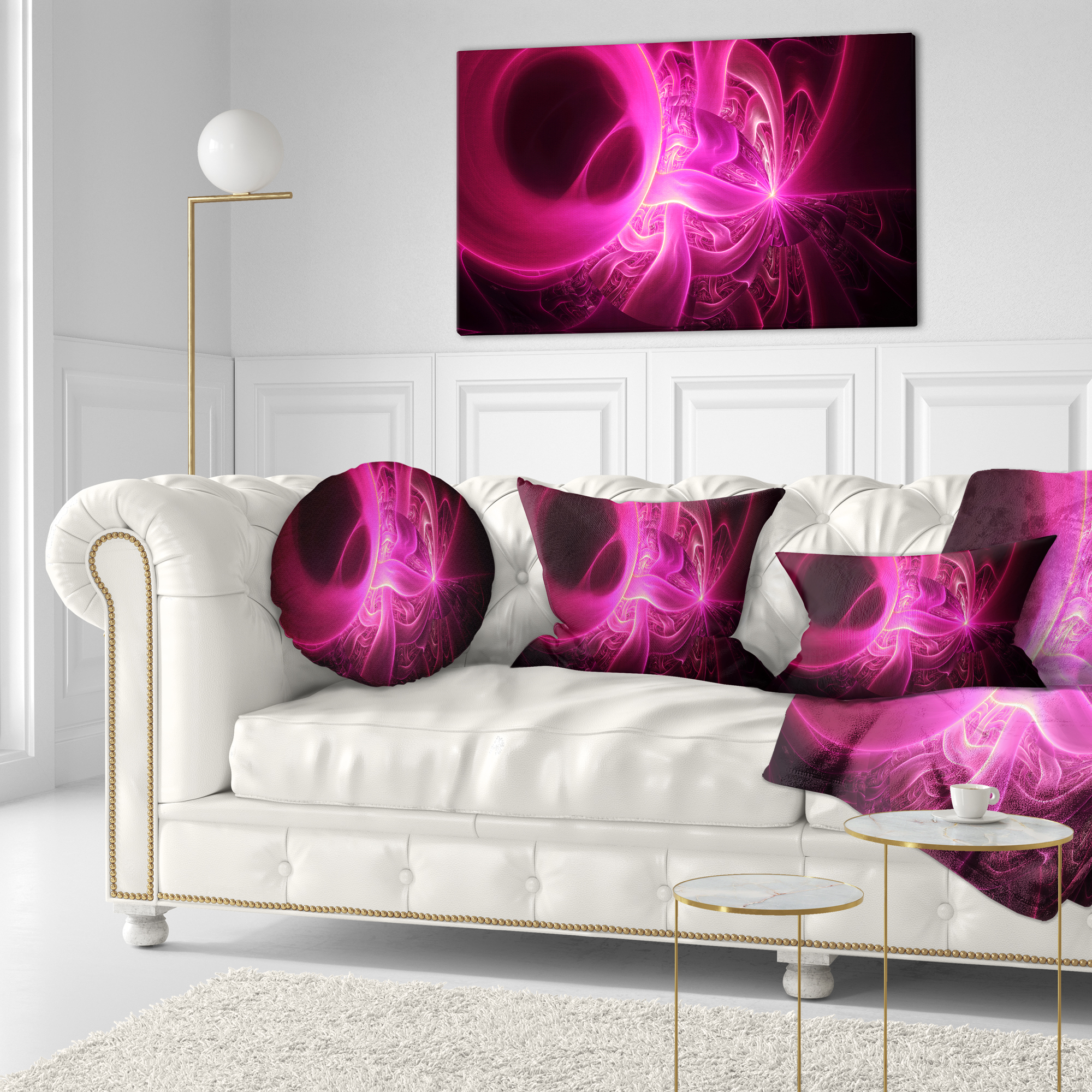 Designart Bright Pink Designs on Black - Abstract Throw Pillow - 12x20