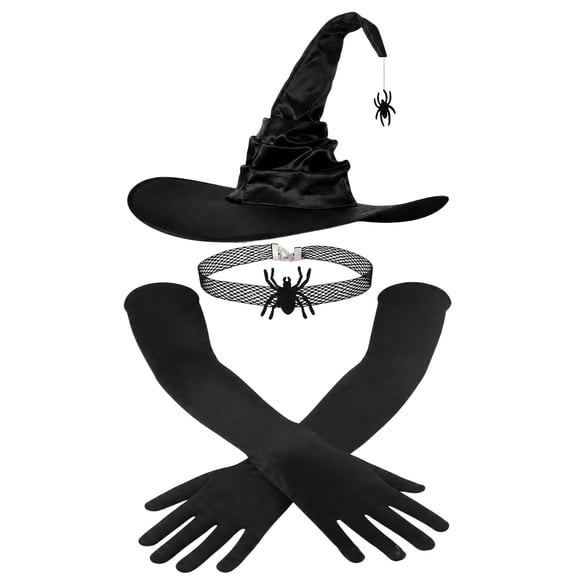Halloween Witch Hat with Long Gloves Set,Adult Women Ruched Costume Accessories Kit for Halloween Parties Stage Performances Role Playing Black