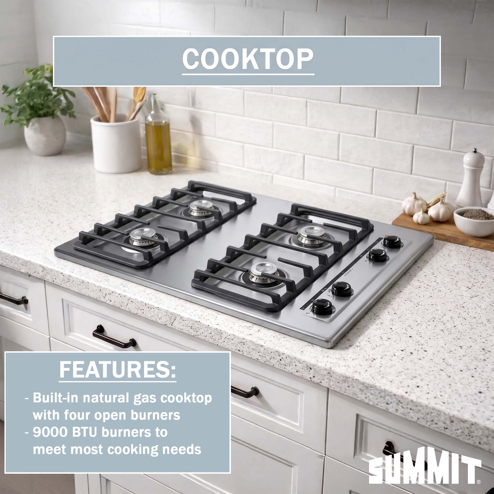 Summit 30" Gas Cooktop, 4-Burner, Electric Ignition, 115V, Stainless Steel - ZNL053I
