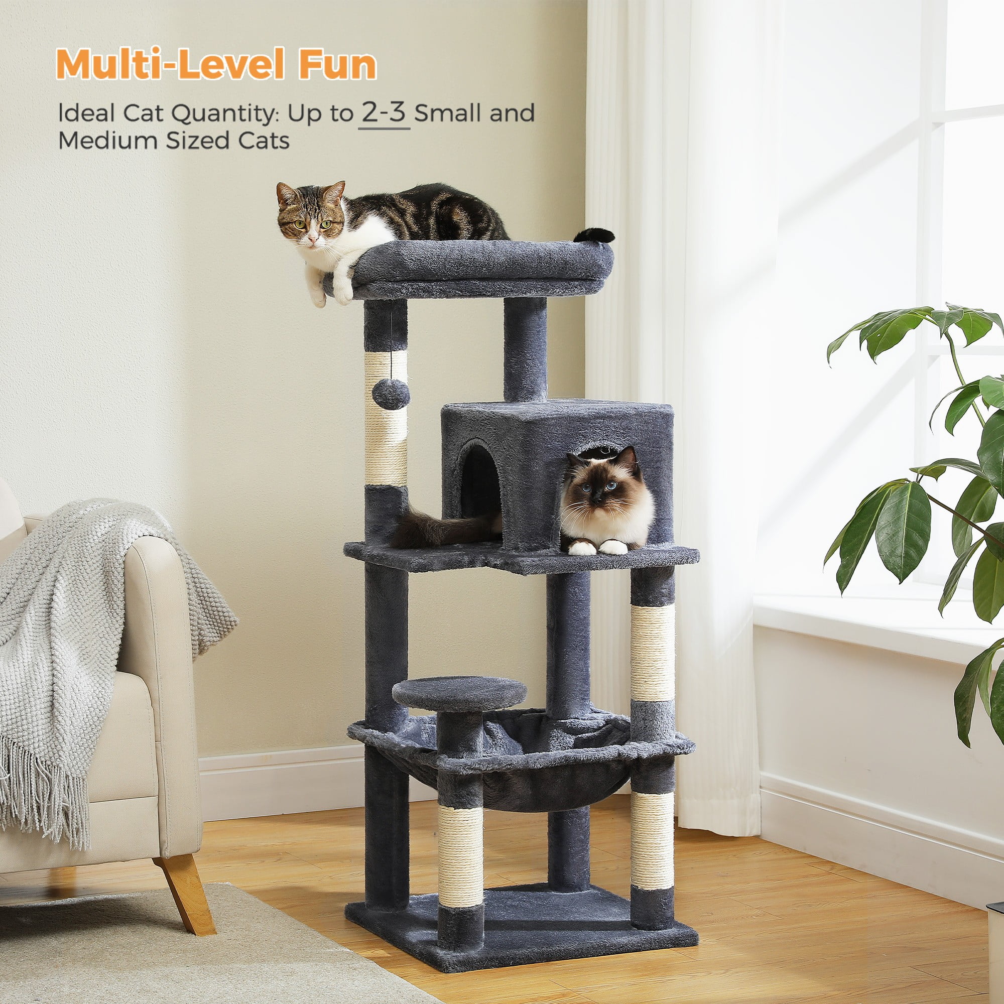 resenkos 45" Cat Tree Tower for Indoor Cats, 5-Level Cat Condo for Large Cats with Large Hammock, Big Top Perch and 4 Sisal Covered Scratching Pos, Green