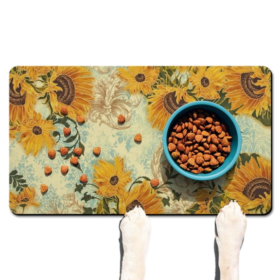 Dog Food Mat with Bright Yellow Sunflower Print, Absorbent Non-Slip Pet Feeding Mat Easy Clean