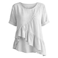 thumbnail image 4 of SZJXBUY Hauts Amples en Lin pour Femmes, Blouse d'Été Chic Décontractée à Manches Courtes, Ourlet Volanté Plissé, Hauts Basiques à Col Rond, T-Shirts Asymétriques Blancs, P, 4 of 7