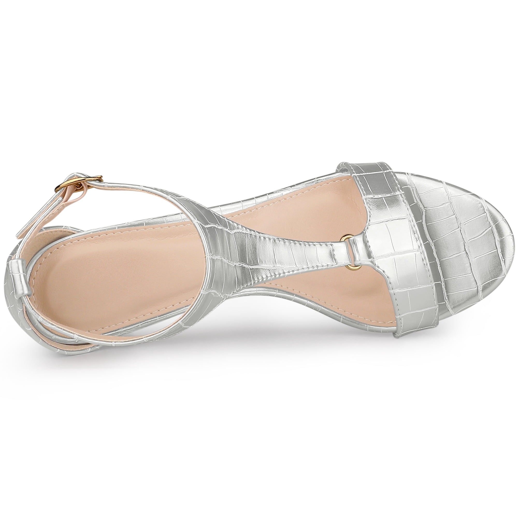 DARING DIVA Women's T Strap Embossed Kitten Heel Sandals Silver 8.5