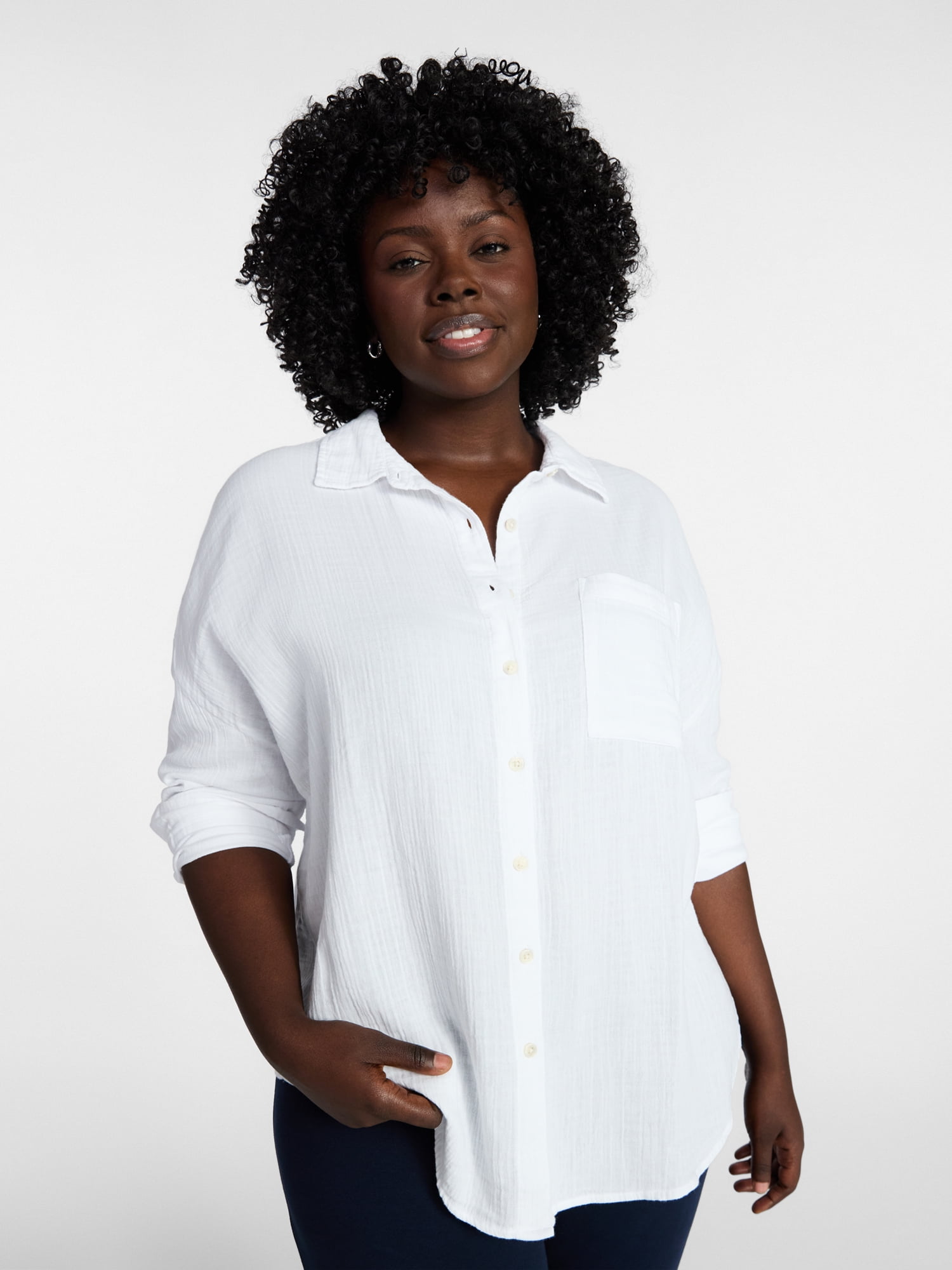 Terra & Sky Women's Plus Size Double Cloth Boyfriend Shirt, Sizes