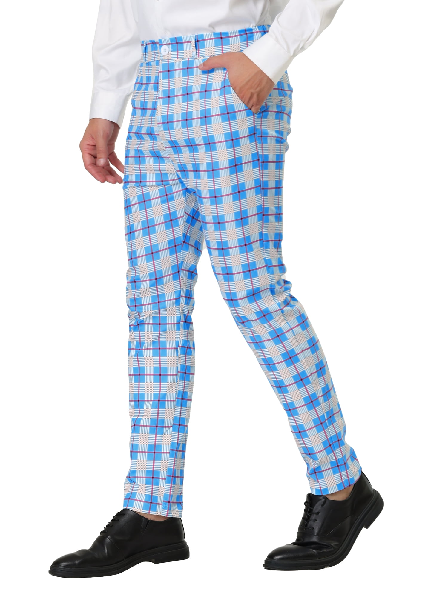 Unique Bargains Men's Formal Color Block Slim Fit Flat Front Plaid Pants 30 Gray Blue