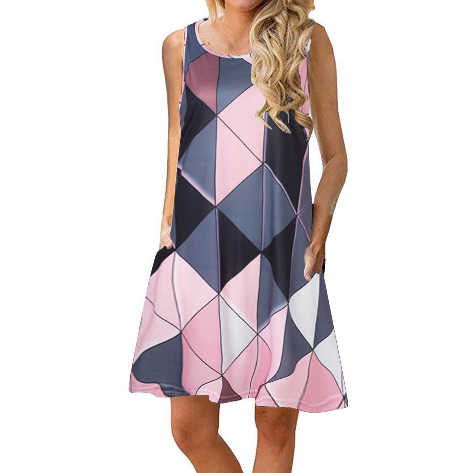 VSSSJ Mini Dresses for Women Summer Sleeveless Round Neck Colorful