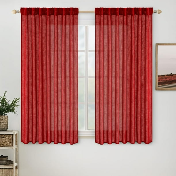 Cortinas MIULEE de lino rojo de 160 x 160 cm con 2 paneles para cocina