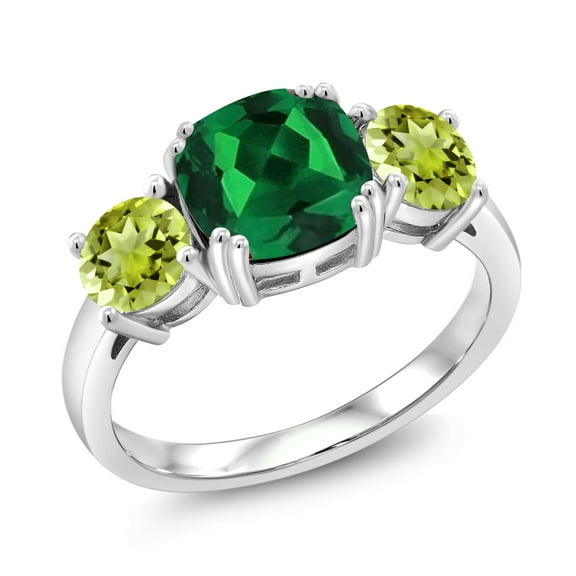 Gem Stone King 925 Sterling Silver Green Nano Emerald and Green Peridot 3 Stone Engagement Ring for Women (3.60 Cttw, Gemstone May Birthstone, Cushion 8MM, Size 7)