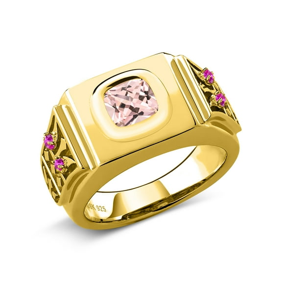 Gem Stone King 2.04 Ct Peach Nano Morganite Pink Sapphire 18K Yellow Gold Plated Silver Men's Ring (Size 8)