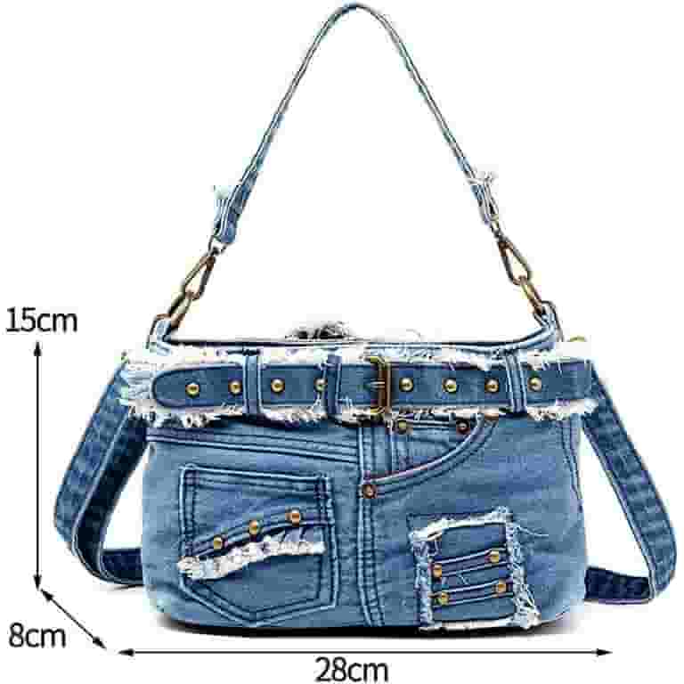 【COLOR iN ID】Denim leg tassel shoulder bag Kukuzhu Denim Crossbody Bag for Women Large Tote Hobo Bag