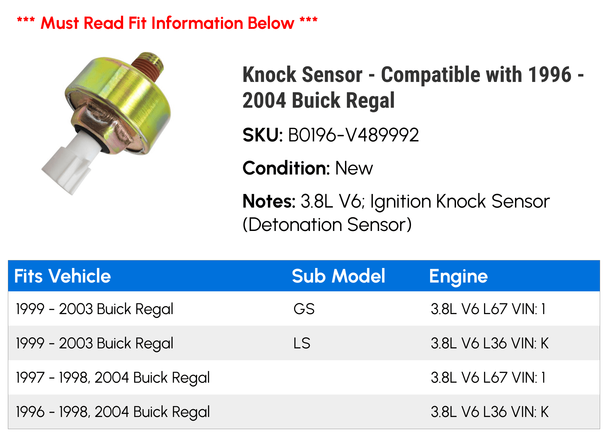 Knock Sensor - Compatible with 1996 - 2004 Buick Regal 1997 1998 1999 2000 2001 2002 2003