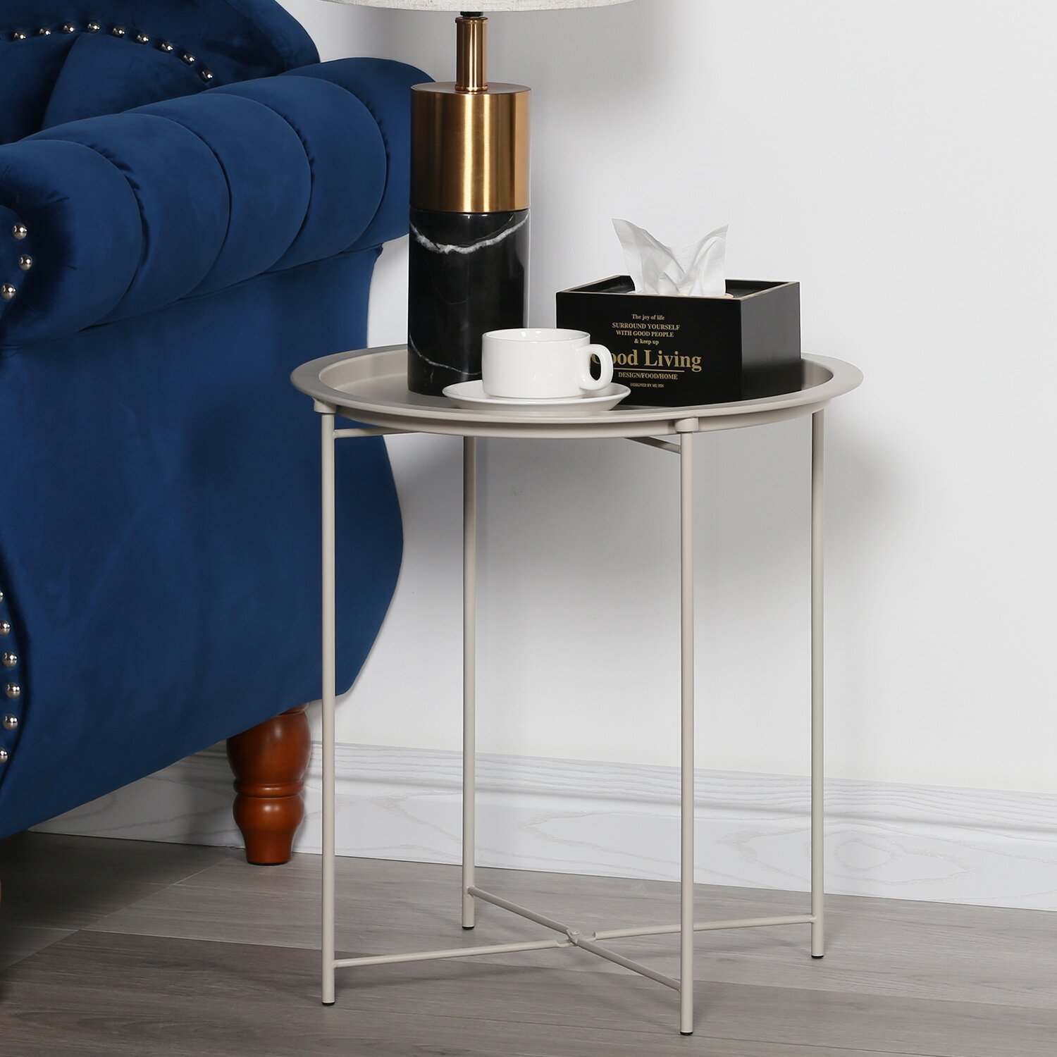 Annalei Tray Top Cross Legs End Table, Multi-use: Small Round Side End Table, Sofa Table, Tray Side Table, Snack Table, Metal, Anti-Rusty, Outdoor and Indoor Use for Putting Small Things., T - image 1 of 3