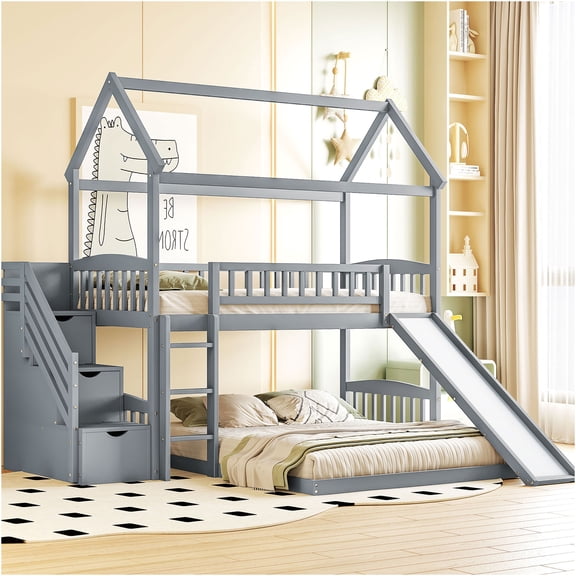 JERFIT Over Full Bunk Bed with Slide House Bed with Slide Gray
