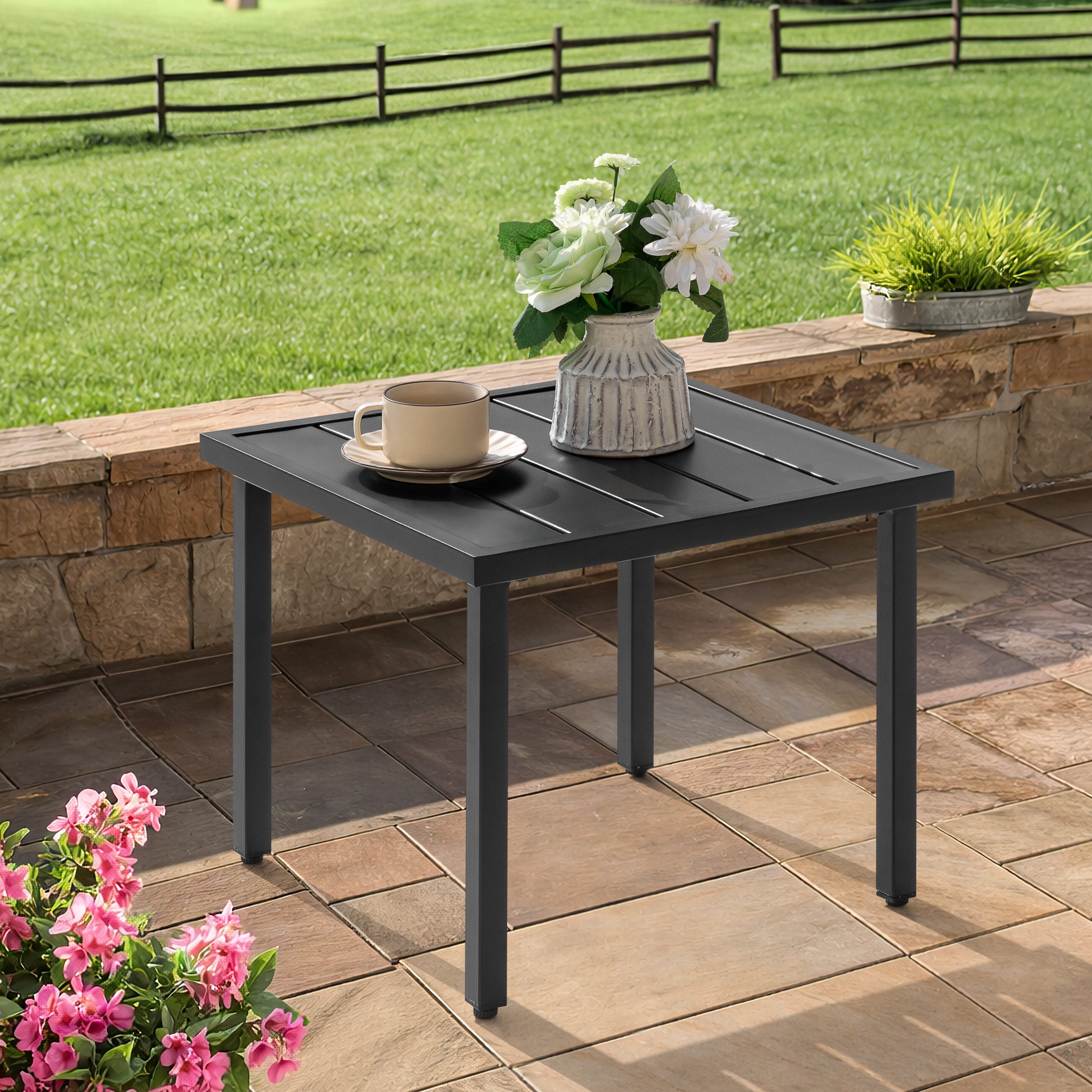 Nuu Garden Square Metal Outdoor Side Table, Patio Bistro Table, Outdoor Square End Table, Black