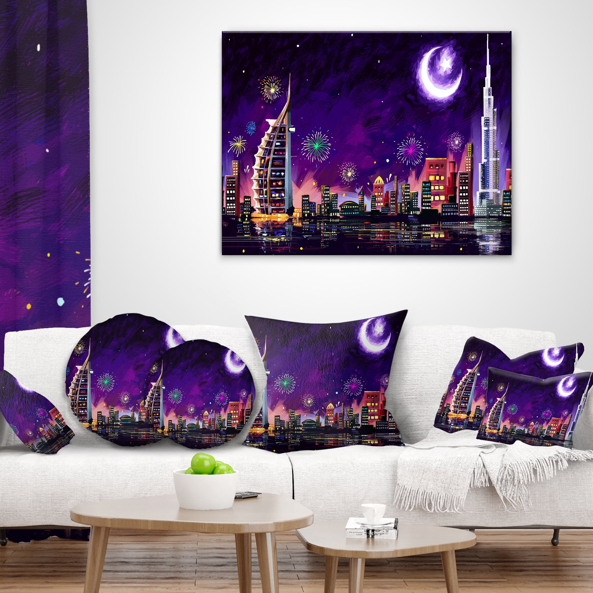 Designart Eid Celebration in Dubai - Cityscape Digital Throw Pillow - 12x20