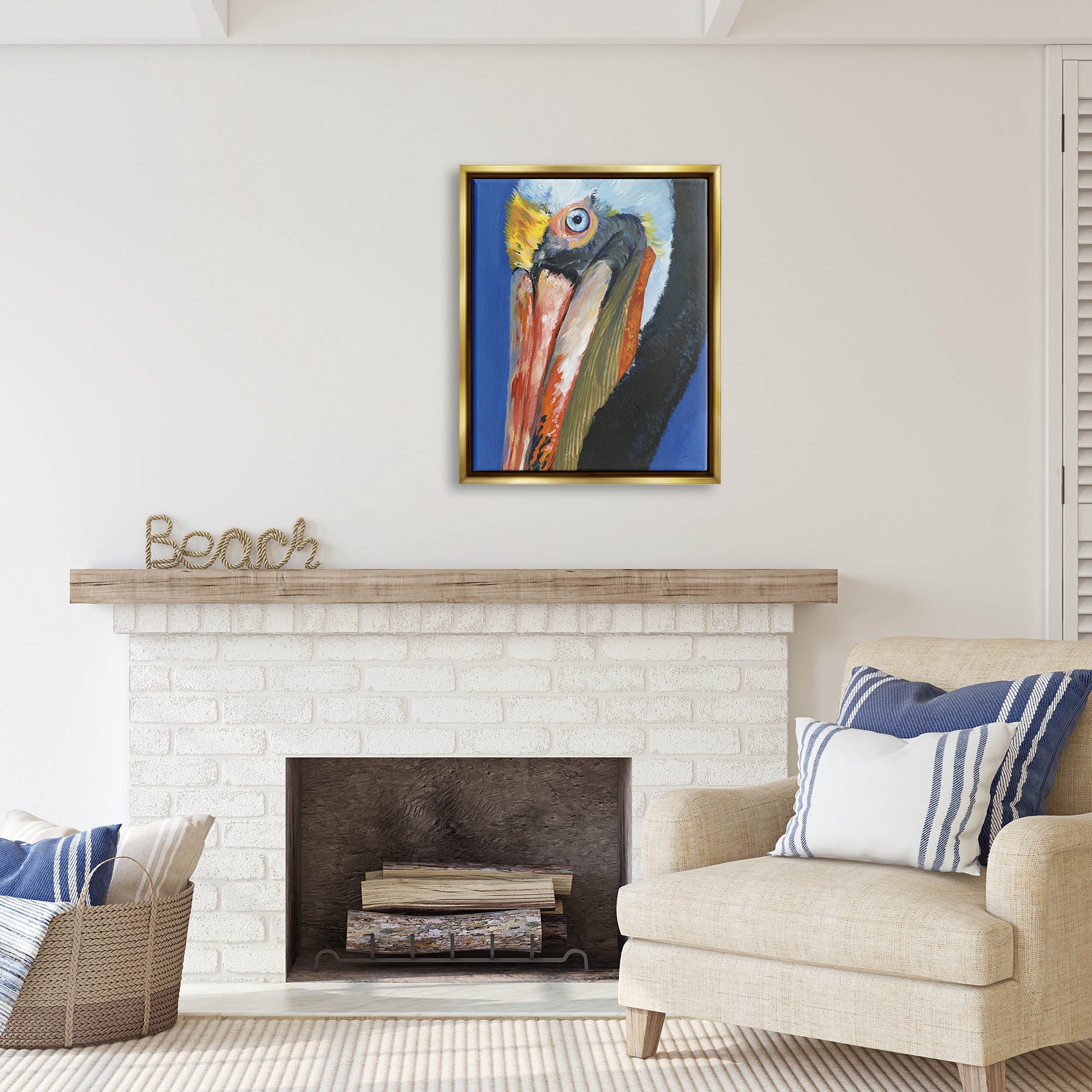 Stupell Industries Bold Blue Pelican Portrait Coastal Painting Gold Floater Framed Art Print Wall Art