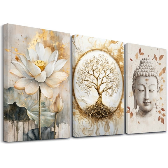 Topbout Art Zen Buddha & Gold Lotus 3-Piece Canvas Wall Art - Luxury Calming Living Room Decor