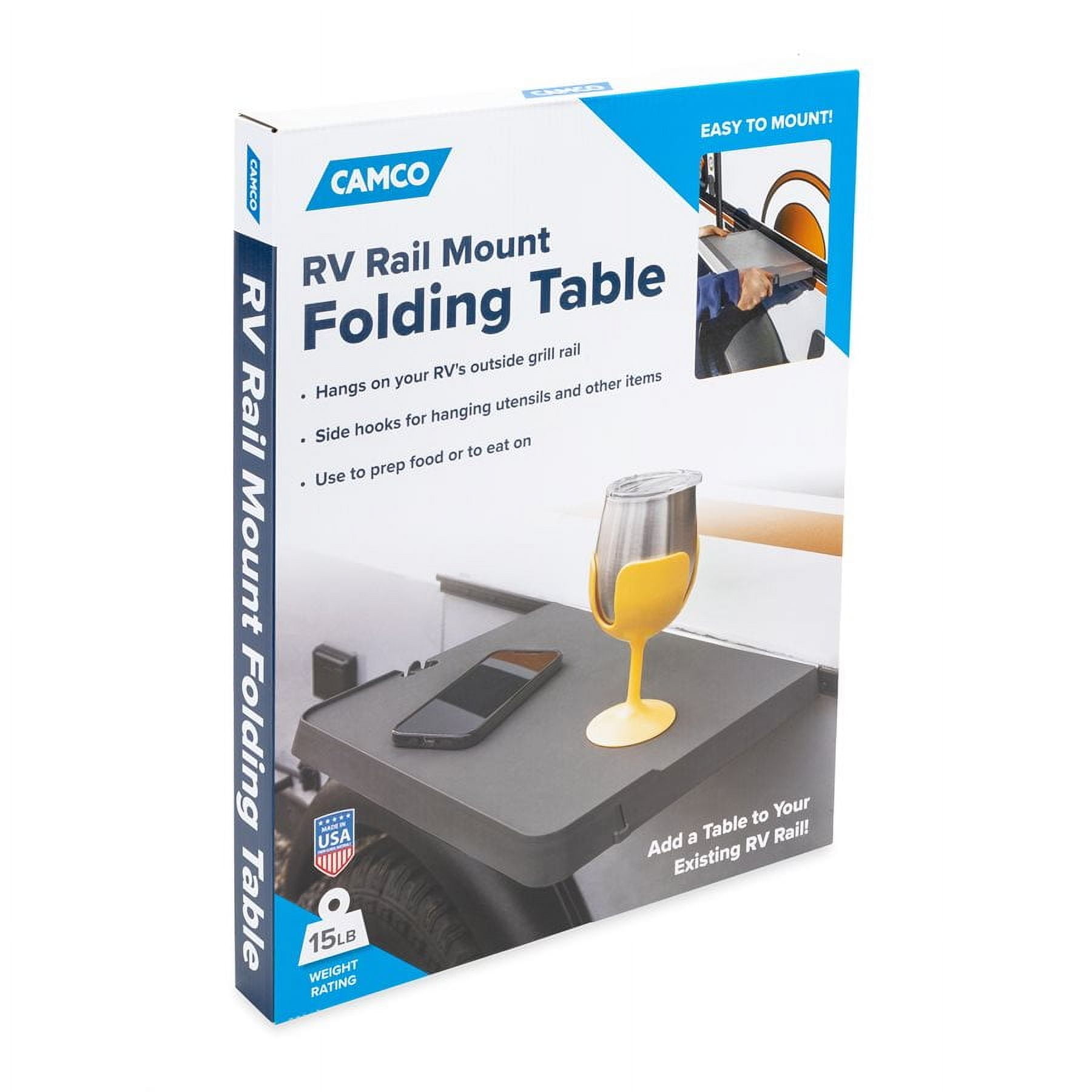 Camco Camper/RV Rail Mount Table | Features Hook and Holes for Hanging Grill Utensils & Measures 16 13/16-Inches Wide x 12 11/16-Inches Deep (58175)