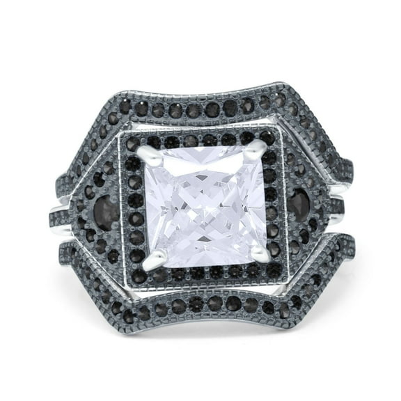 Three Piece Flower Art Deco Princess Cut Ring Black Tone CZ 925 Sterling Silver Size 5
