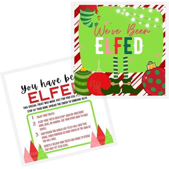 Youve Been Elfed Game Christmas Holiday  40 pk  8x8 inches Youve been booed Christmas Sign Window Front Door Treat Basket Door Hanger Tags, Paper Printed Jingled, Mugged,